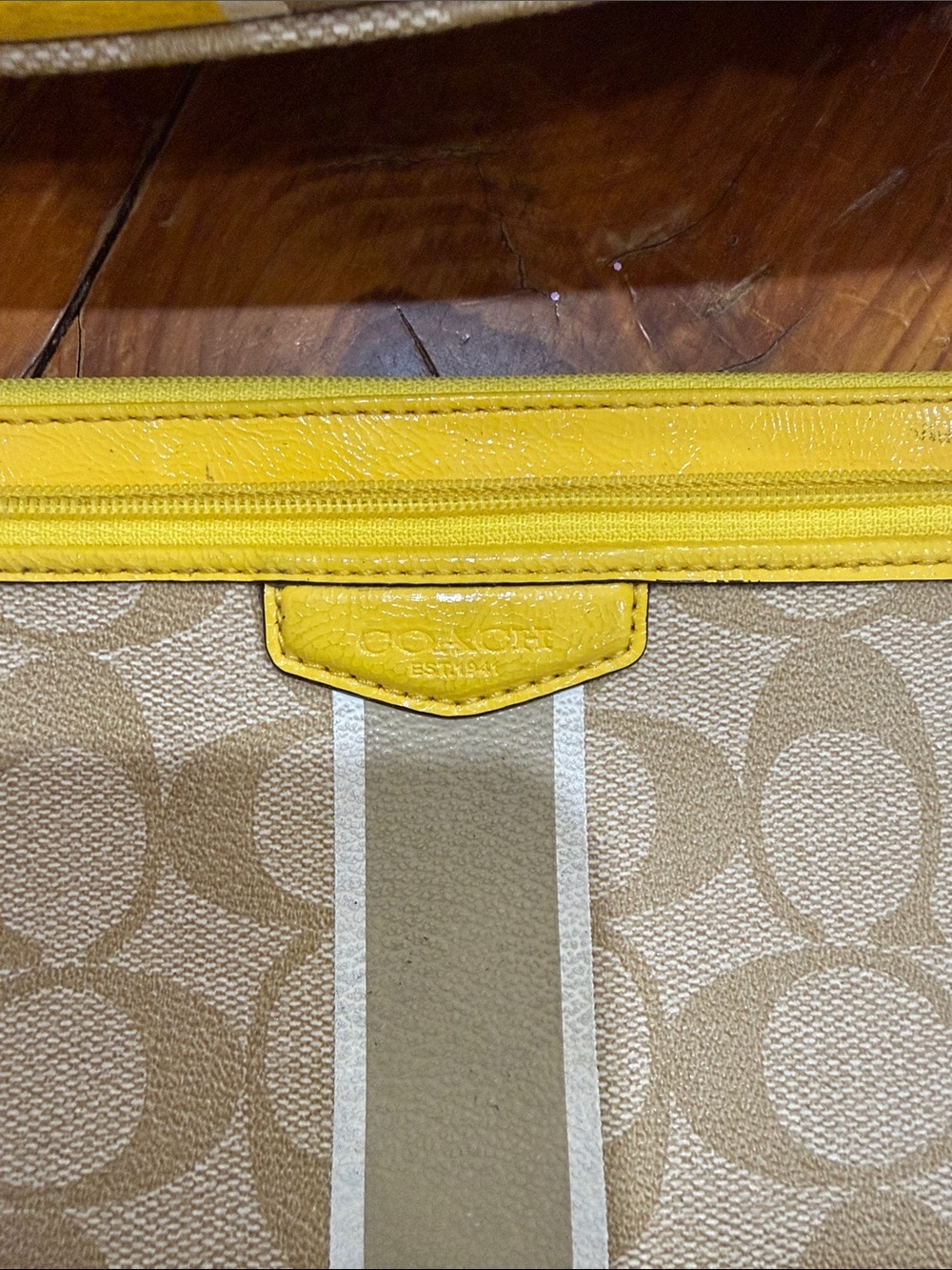 Coach Beige Signature Tote and Wristlet with Yellow and White Stripe - Picture 2 of 13